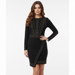 VENUS Black Gold Studded Long Sleeve Sheath Bodycon Midi  Dress  Small